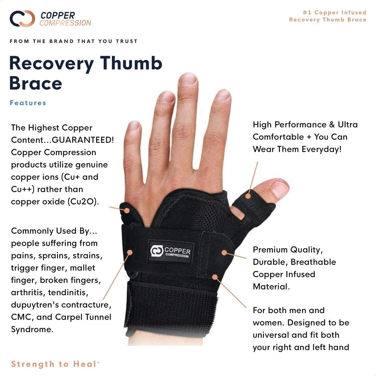 Copper Compression Recovery Thumb Brace - Guaranteed Highest Copper Thumb Spica Splint for Arthritis, Tendonitis. For Both Right Hand and Left Hand. Wrist, Hand, and Thumb Stabilizer and Immobilizer: Health & Personal Care