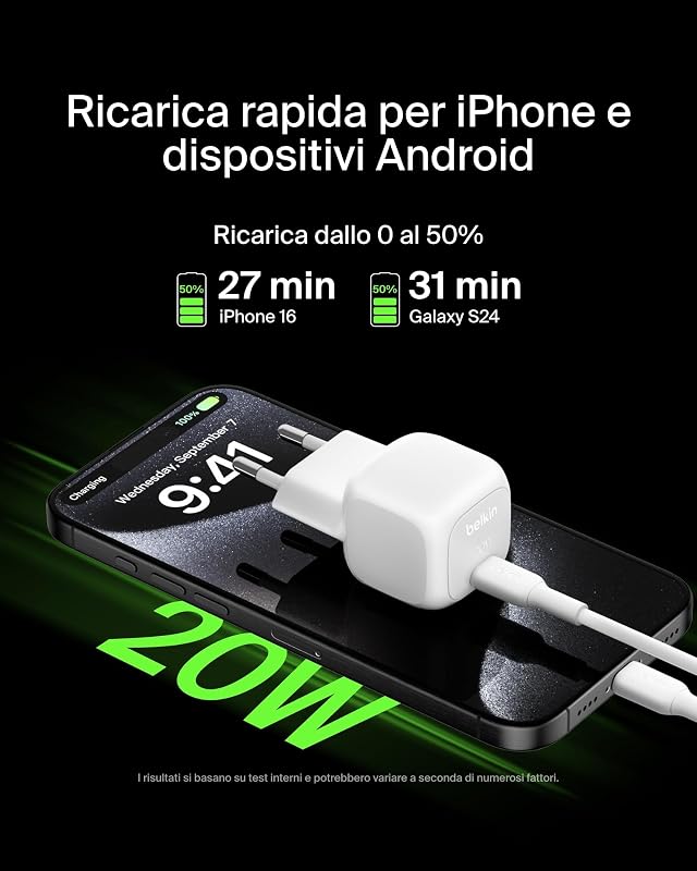 BoostCharge Caricabatteria da parete compatto da 20 W, ricarica rapida USB-C Power Delivery per Apple iPhone 16, Samsung Galaxy S25, iPad, AirPods e altri, cavo da USB-C a C incluso, bianco