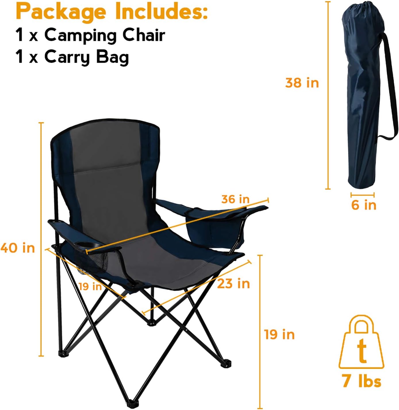Pacific Pass Full Back Quad Chair for Outdoor and Camping with Cooler and Cup Holder, Carry Bag Included, Supports 300lbs, Middle, Blue/Gray: Sports & Outdoors