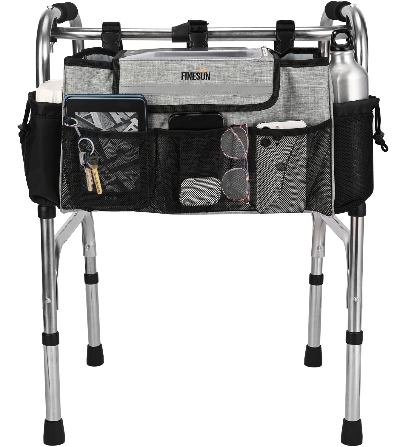 FINESUN Walker Bag with Visual Phone Pocket, Walker Storage with Cup Holder, Best Gift for Grandmas, Walker Accessories for Seniors, Grandparents, Mobility Aid Accessory Pouch for Elderly, Grey