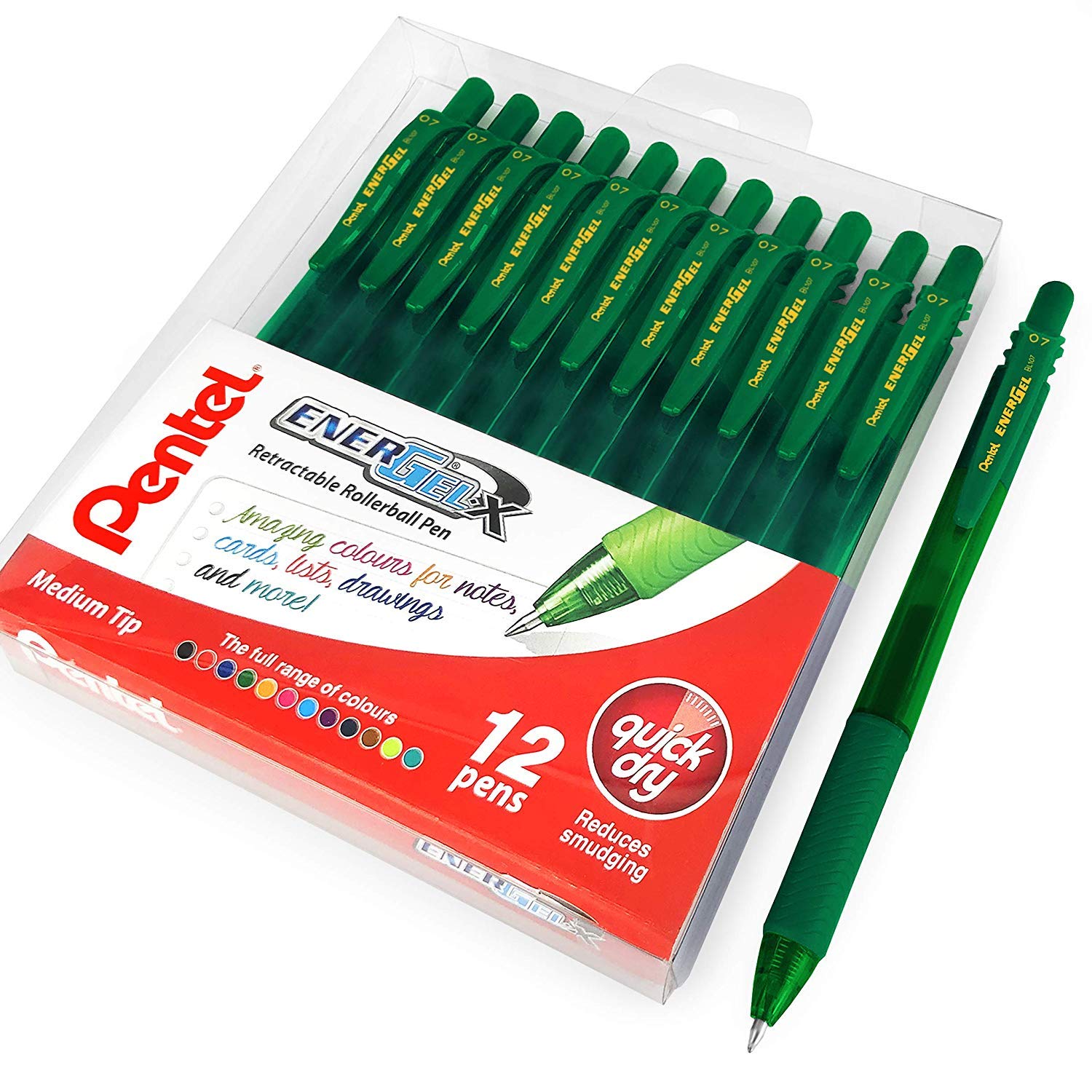Pentel Energel X BL107 Retractable Gel Rollerball Pens - 0.7mm - Green - Wallet of 12