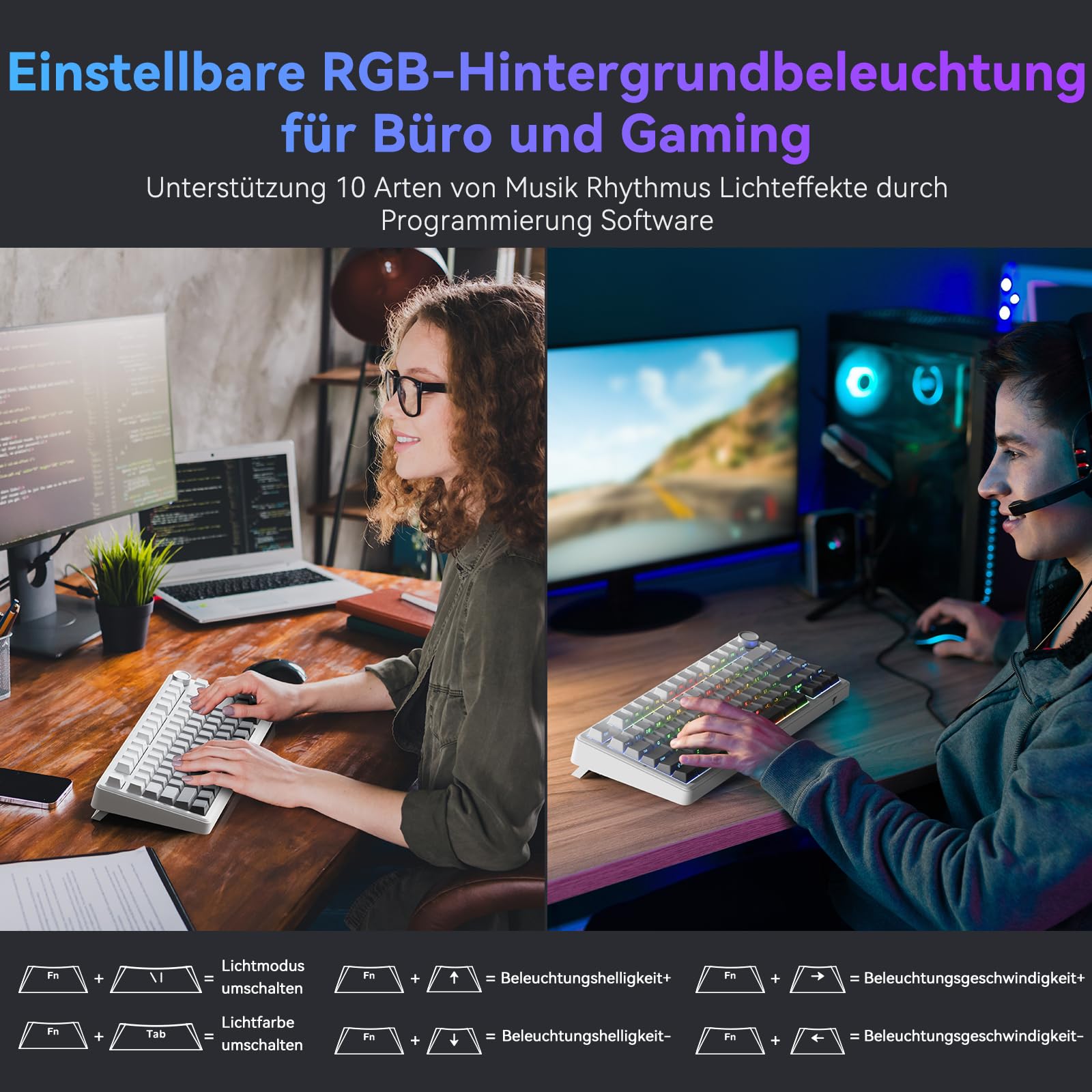 TECURS 75% Gaming Tastatur Kabellos, DREI-Modus 2.4GHz/BT5.0/Type-C RGB Rote Schalter Mechanische Tastatur, Hot Swap, Seitliche Gravur PBT-Tastenkappen mit Drehknopf, QWERTZ (Gradient Grau) 4
