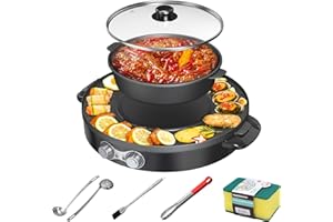 POTTIFFE 2 in 1 Electric Grill Pan and Hot Pot with Free Clips,Brushes,soup & colander ladle,2200W Dual Temperature Control Korean Shabu Shabu,Non Stick Coating, Smokeless, Split Easy Cleaning.【Black】