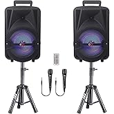 QFX PBX-800TWS 8-Inch TWS Bluetooth Stereo PA System with 2 8" Speakers, 2 Microphones, 2 Stands, and a Remote Control