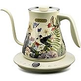 INFOOD 0.8L Gooseneck Electric Kettle, Precise Temperature Control for Pour Over Coffee & Tea, 1200W Fast Boiling Water, Auto Shut Off, Scheduling, Stainless Steel, Floral Painted Design