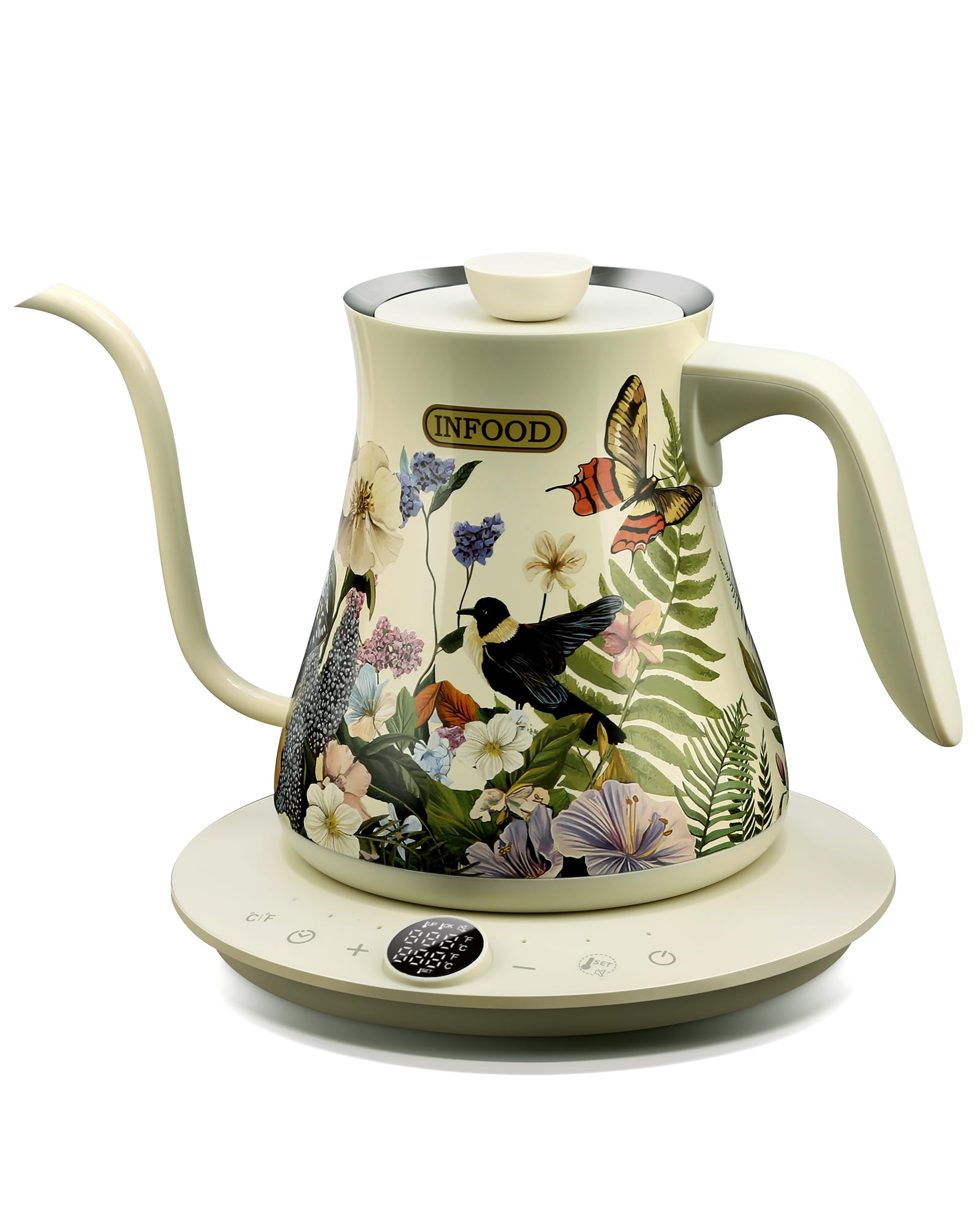 Photo 1 of INFOOD 0.8L Gooseneck Electric Kettle, Precise Temperature Control for Pour Over Coffee & Tea, 1200W Fast Boiling Water, Auto Shut Off, Scheduling, Stainless Steel, Floral Painted Design