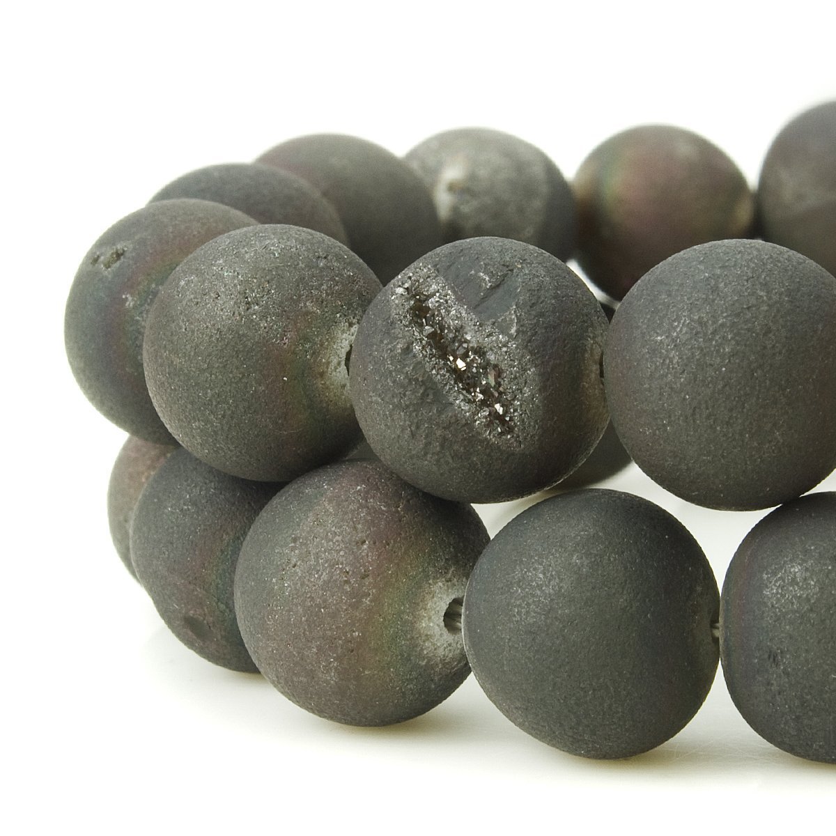 RUBYCA Round Dyed Electroplated Druzy Agate Quartz Crystal Gemstone Beads (1 Strand, Grey, 12mm)