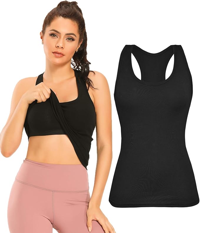 Women Camisole with Shelf Bra,Raceback Long Cami Top for Sports Built