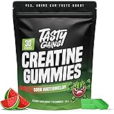 TASTY GAINS Creatine Gummies, 90g of Creatine, Non-GMO, Vegan - Build Muscle &amp; Boost Strength for Men &amp; Women (3g Creatine Monohydrate Per Gummy) Made in USA (90, Sour Watermelon)