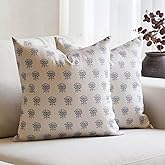 Amor Virisso Set of 2 Floral Throw Pillow Covers 18x18 Inch, Vintage Decorative Block Print Pillow Covers Neutral Accent Farmhouse Pillows Home Decor for Sofa Couch Bed, Dusty Blue