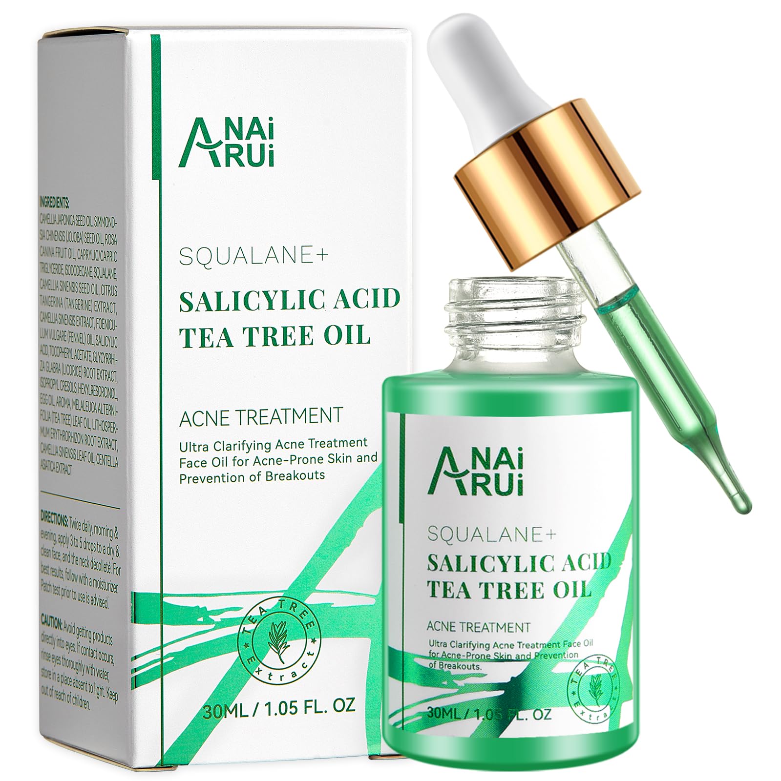 ANAiRUi Tea Tree Oil for Skin with Salicylic Acid & Squalane - Face Oil to Soothe Acne, Reduce Breakouts and Blemishes, Minimize Spots and Pores, 30ml