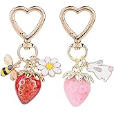 2pcs Cute Strawberry Keychains for Women, Strawberry Gold Bag Charm with Bee Daisy Rabbit Shortcake Items Pendant Fashion Fruit Flower Key Chain for Bag Purse Key Ring Backpack Decor