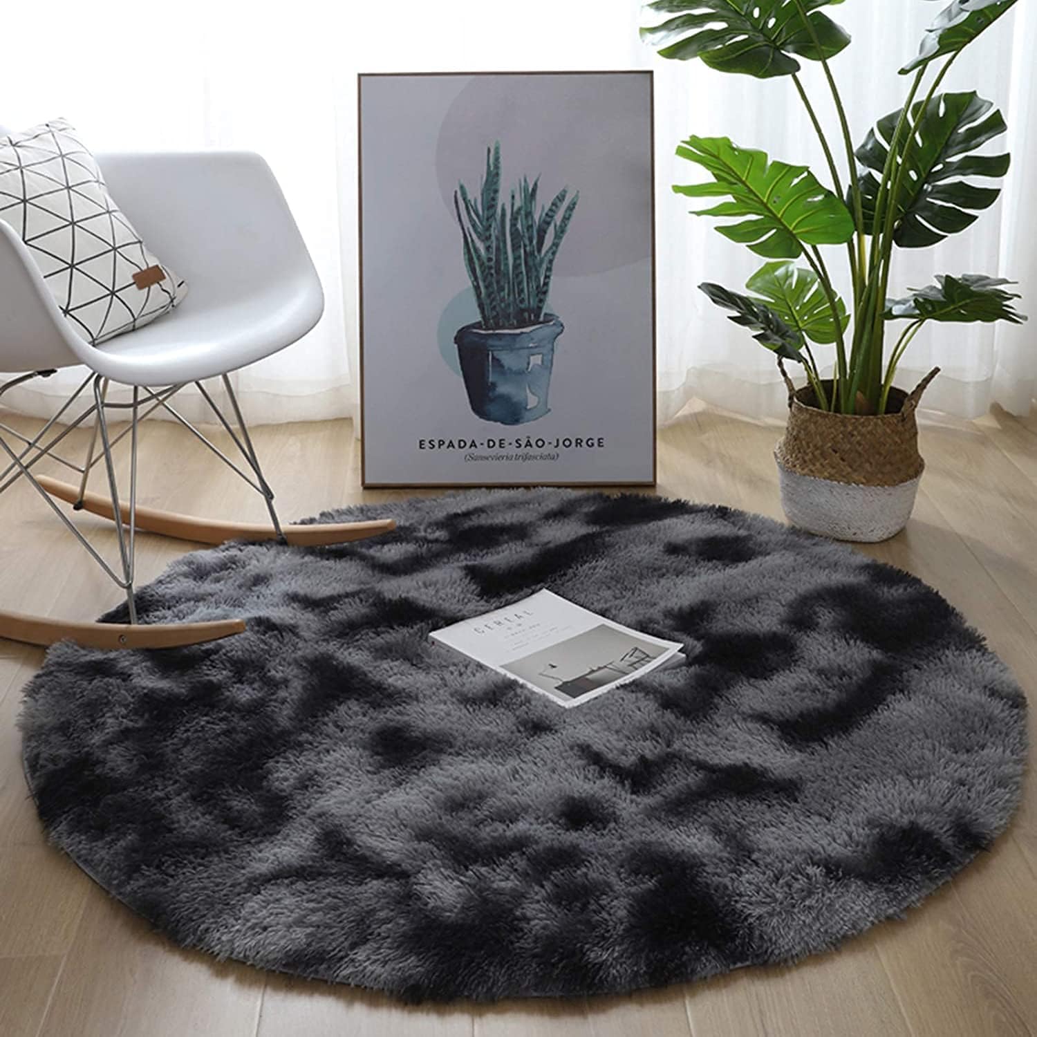 Leesentec Round Rugs Bedroom Carpets Shaggy Rug Fluffy Soft Area Rug Area Rugs for Kids Room Living Room Rugs Deep-Pile Rug Anti Slip Soft Carpet (140cm, Black grey)