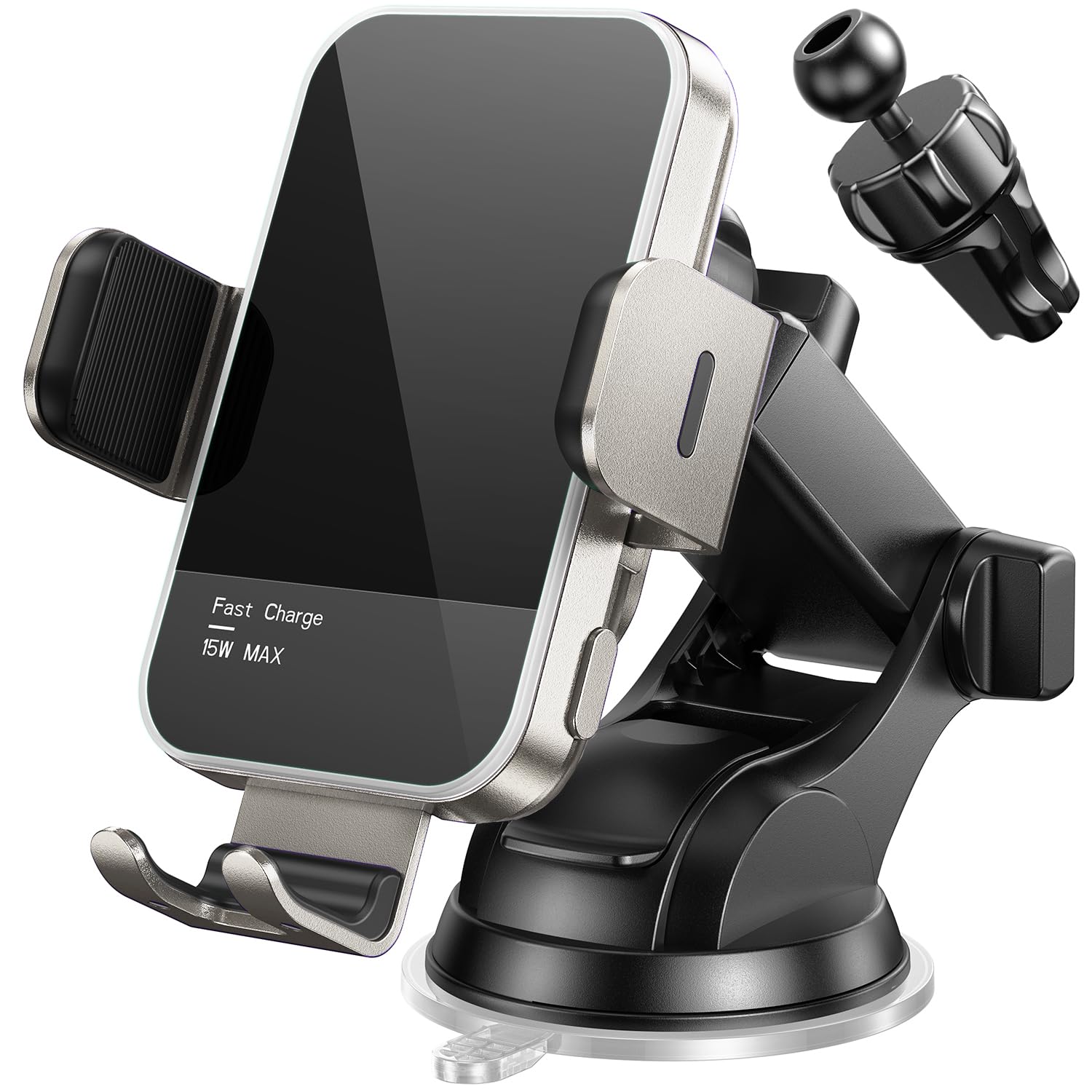 Wireless Car Charger,【7 Colored RGB Backlit】 15W Auto Clamping Car Charger Phone Mount Holder for iPhone 15 14 13 12 Mini Pro Max 11 XR X, Samsung Galaxy S23 Ultra S22 S21+ S10+ Note 20, etc - Silver