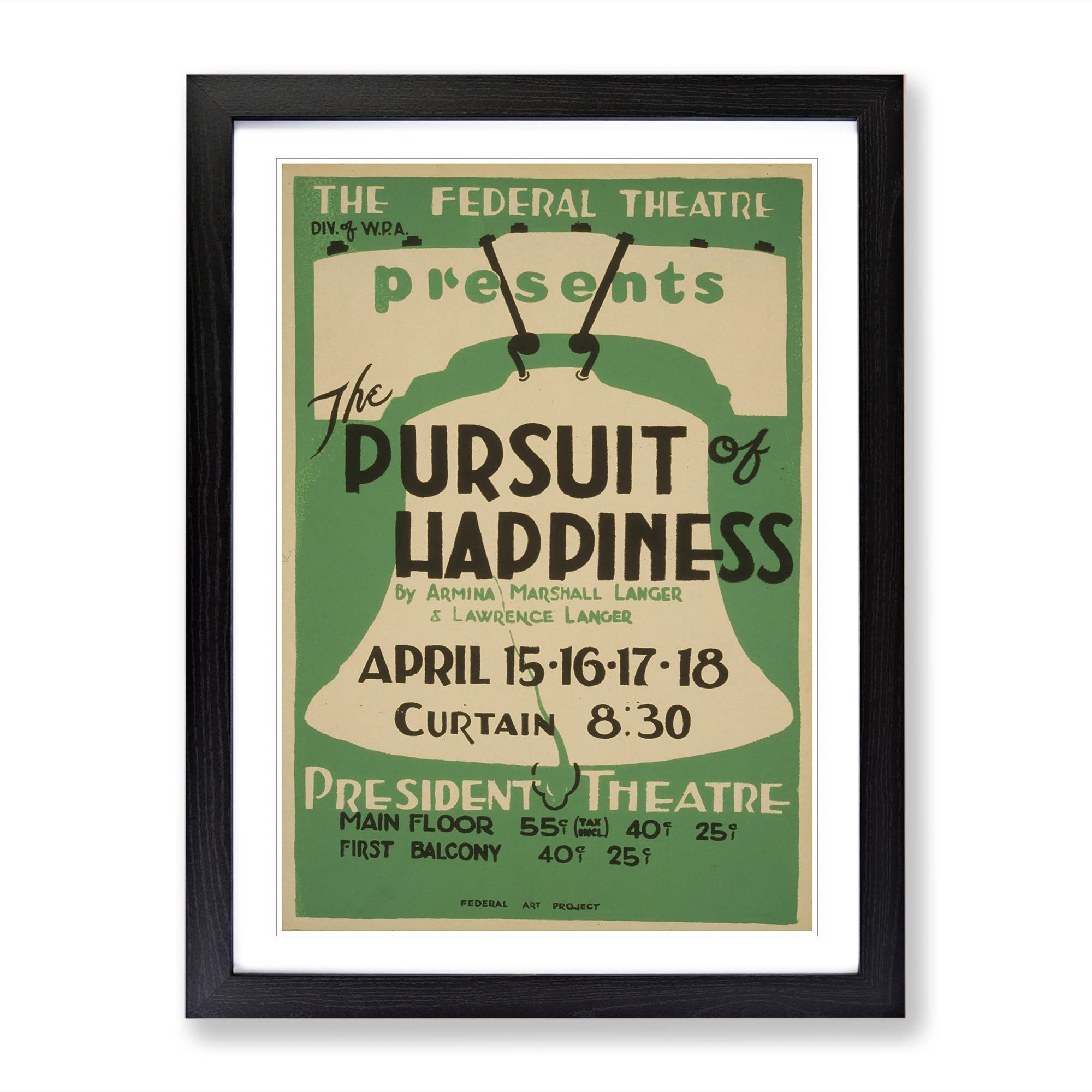 Wpa Pursuit Of Happiness Theatre Poster Vintage Framed Wall Art Print, Ready to Hang Picture for Living Room Bedroom Home Office Décor, Black A3 (34 x 46 cm)
