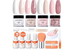 Modelones Dip Powder Nail Kit, 4 Colors White Nude Pink Glitter Dipping Starter Set with Liquid and Complete Accessories for French Nails Art Salon DIY at Home Manicure