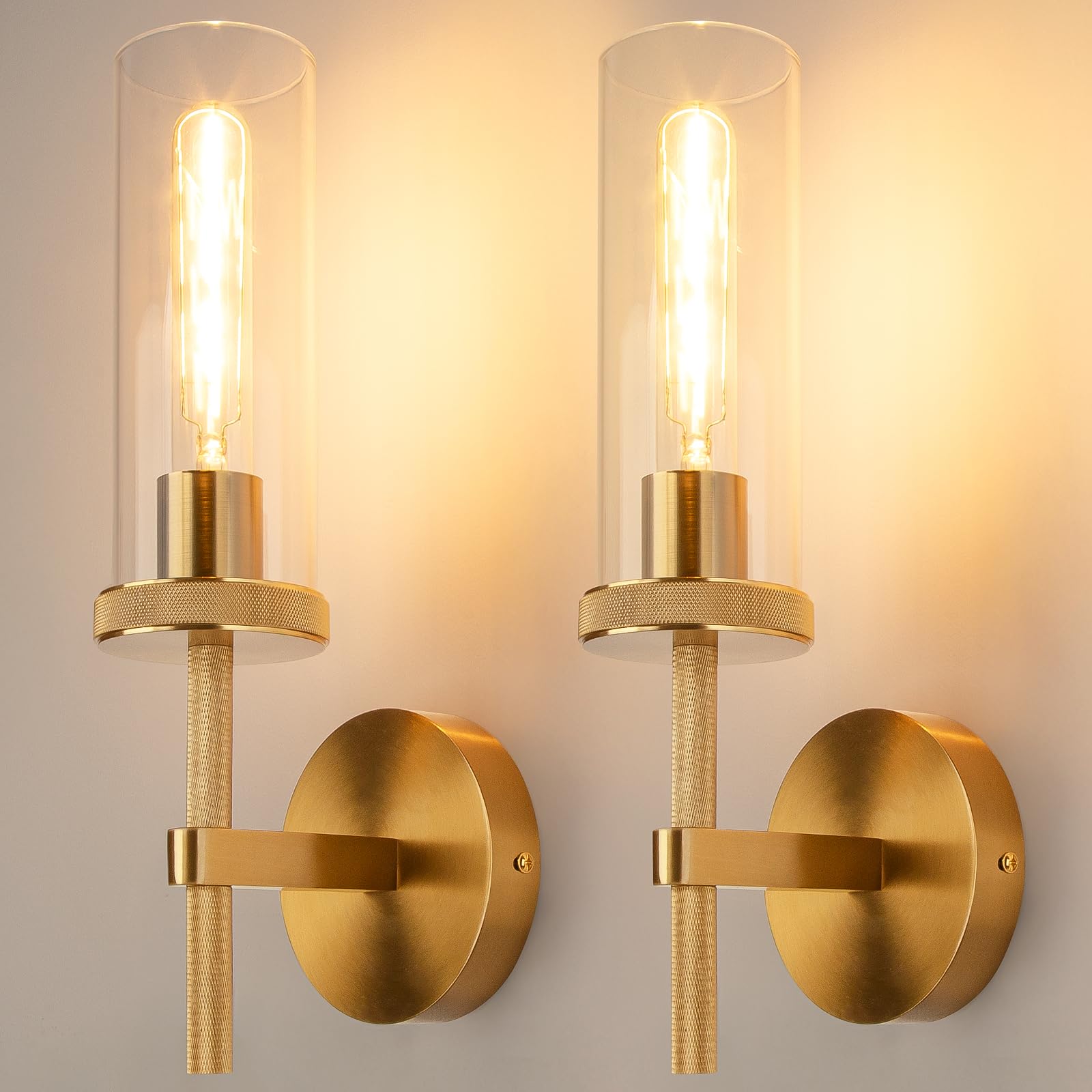 Photo 1 of Micstar 15" Knurled Gold Hardwired Wall Sconces Set of 2, Bathroom Vanity Light Fixtures with Clear Glass Tube, Modern Lamp Lighting for Bedroom, Living Room, Hallway, Staircase, Mirror, Kitchen