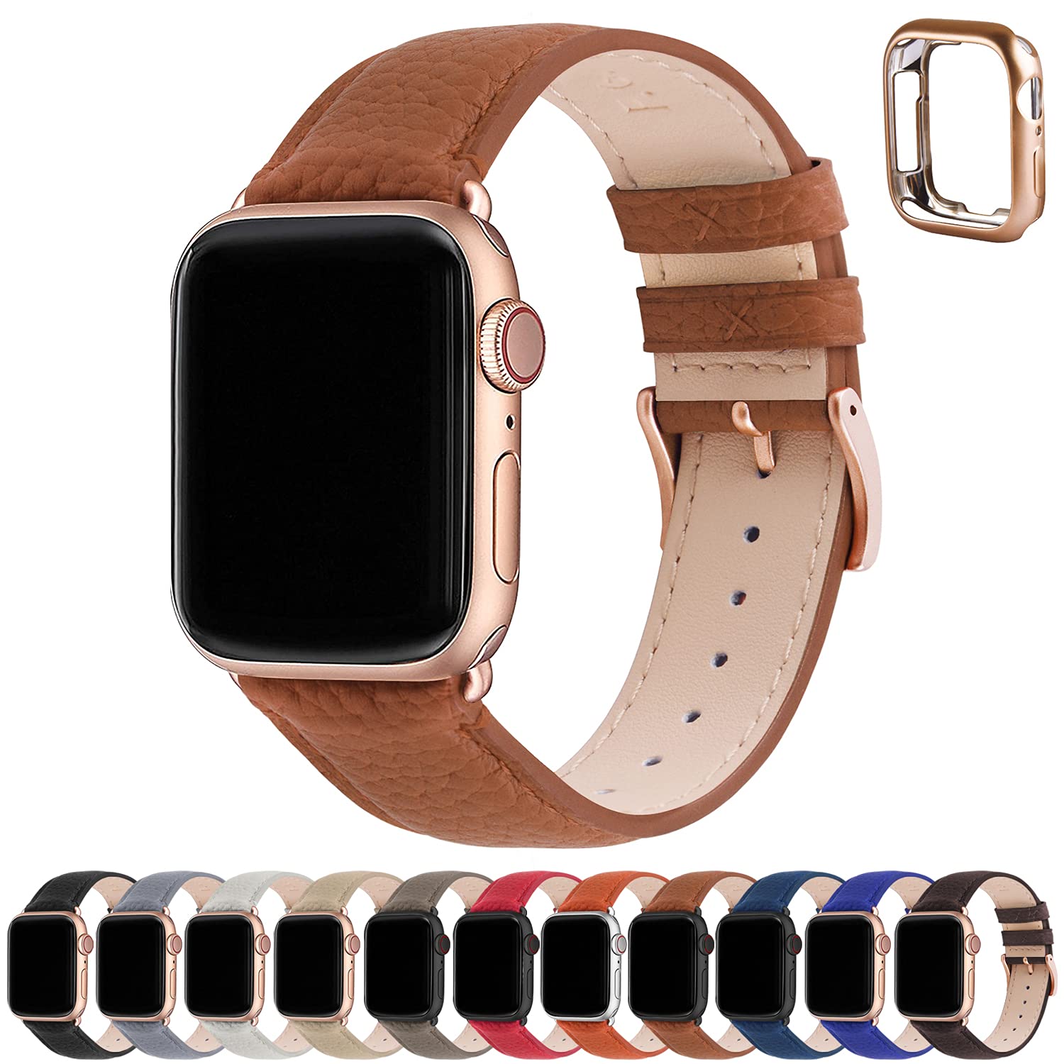 Photo 1 of Fullmosa Leather Bands Compatible Apple Watch Band 41mm 40mm 38mm, Dressy Chic iWatch Strap with Case for iWatch Series 9 8 7 6 5 4 3 2 1 SE for Women,Brown+Rose Gold