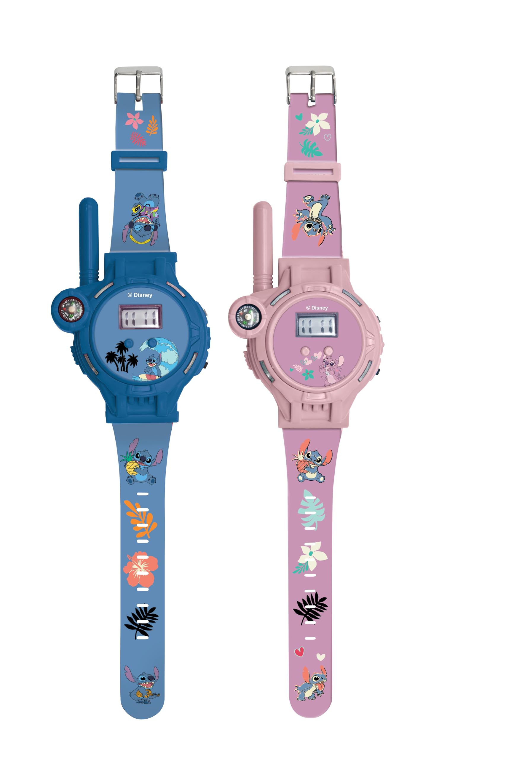 LEXIBOOK, Disney Stitch, Walkie-Talkie watches, 2 pieces, Range up to 200m, Flashlight, Compass, Rechargeable, Blue and Pink, DMWTW1D