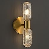 fansimone Brushed Brass Wall Sconces,12.3in Bathroom Knurled Double Glass Sconces Wall Lighting,2-Light Vanity Light Gold Sco
