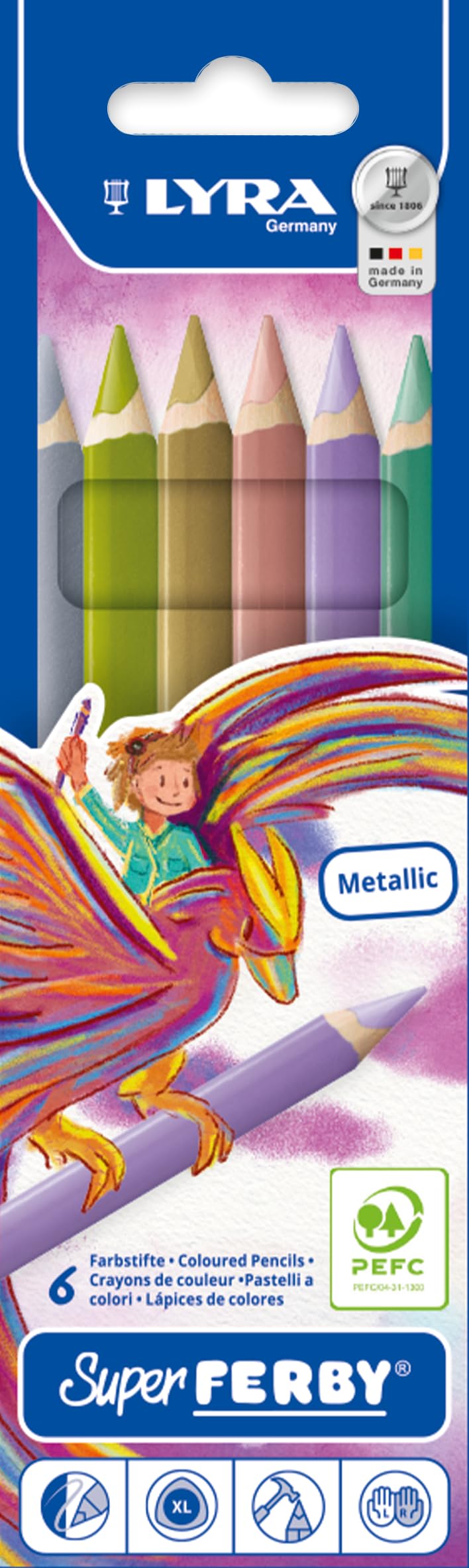 LYRA Super Ferby Metallic Wooden Chunky Colouring Pencils, 6 Assorted Colours, Ideal for Children and Schools