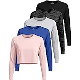Real Essentials 5 Pack: Women's Dry-Fit Long Sleeve Crop Top - Running Workout Gym Athletic Crew Neck Shirt (Plus Available)
