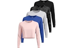 Real Essentials 5 Pack: Women's Dry-Fit Long Sleeve Crop Top - Running Workout Gym Athletic Crew Neck Shirt (Plus Available)