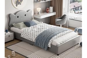 IKIFLY Twin Bed Frames for Kids, Children Upholstered Twin Platform Bed Frame with Headboard, Solid Wood Slats, Toddler Bed for Boys & Girls, Teens, No Box Spring Needed - Elephant Design