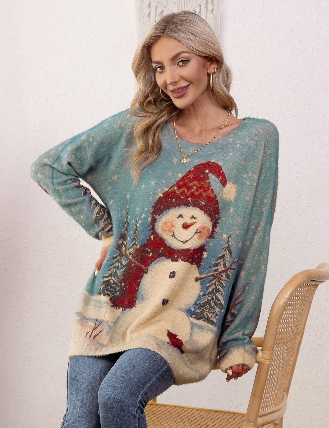 YESNO Women Christmas Sweater Graphic Printed Oversized Pullover Sweaters Casual Loose Knit Tops S01
