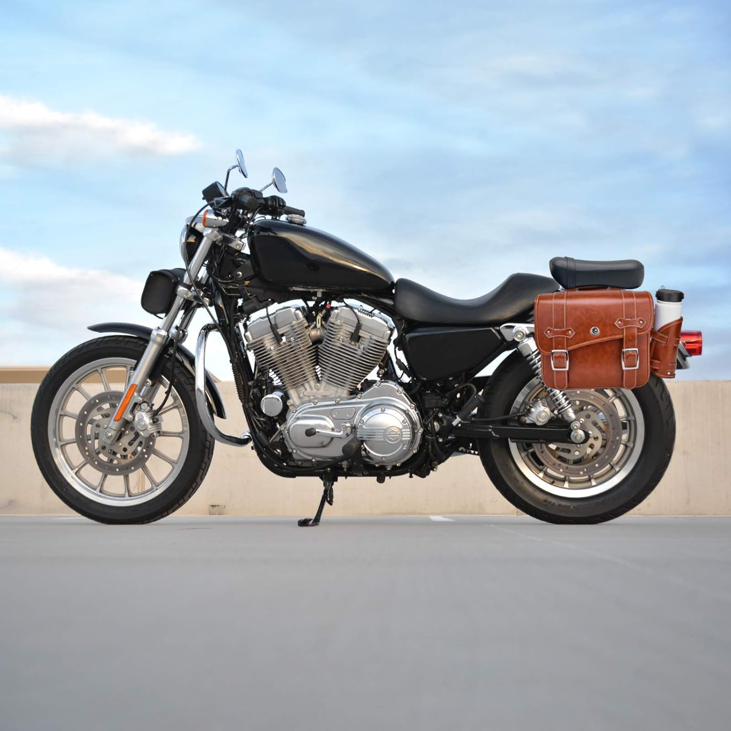 Leather Motorcycles Bag Throw Over Saddle Bag with Cup Pocket for Sportster Softail Dyna Road King V-star Shadow, Vulcan, Brown PU Material: Automotive