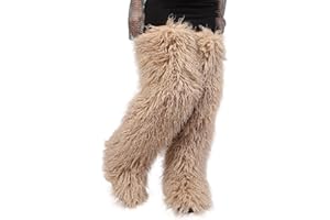 YFJNV Black Thigh High Fur Boots, Over the Knee Fluffy High Boots, Tall Furry shoes for Women