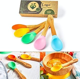 bambuswald© ökologisches 5er Set Kinderlöffel - Besteck für Kinder & Babies aus Silikon (biegsam) & 100% nachhaltigem Bambus | Löffel Besteck Esslöffel Baby Breilöffel Babylöffel Babybesteck