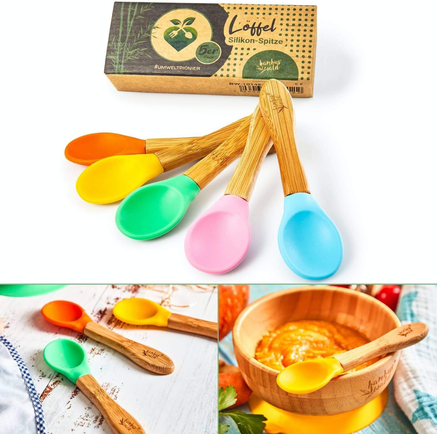 bambuswald© ökologisches 5er Set Kinderlöffel - Besteck für Kinder & Babies aus Silikon (biegsam) & 100% nachhaltigem Bambus | Löffel Besteck Esslöffel Baby Breilöffel Babylöffel Babybesteck