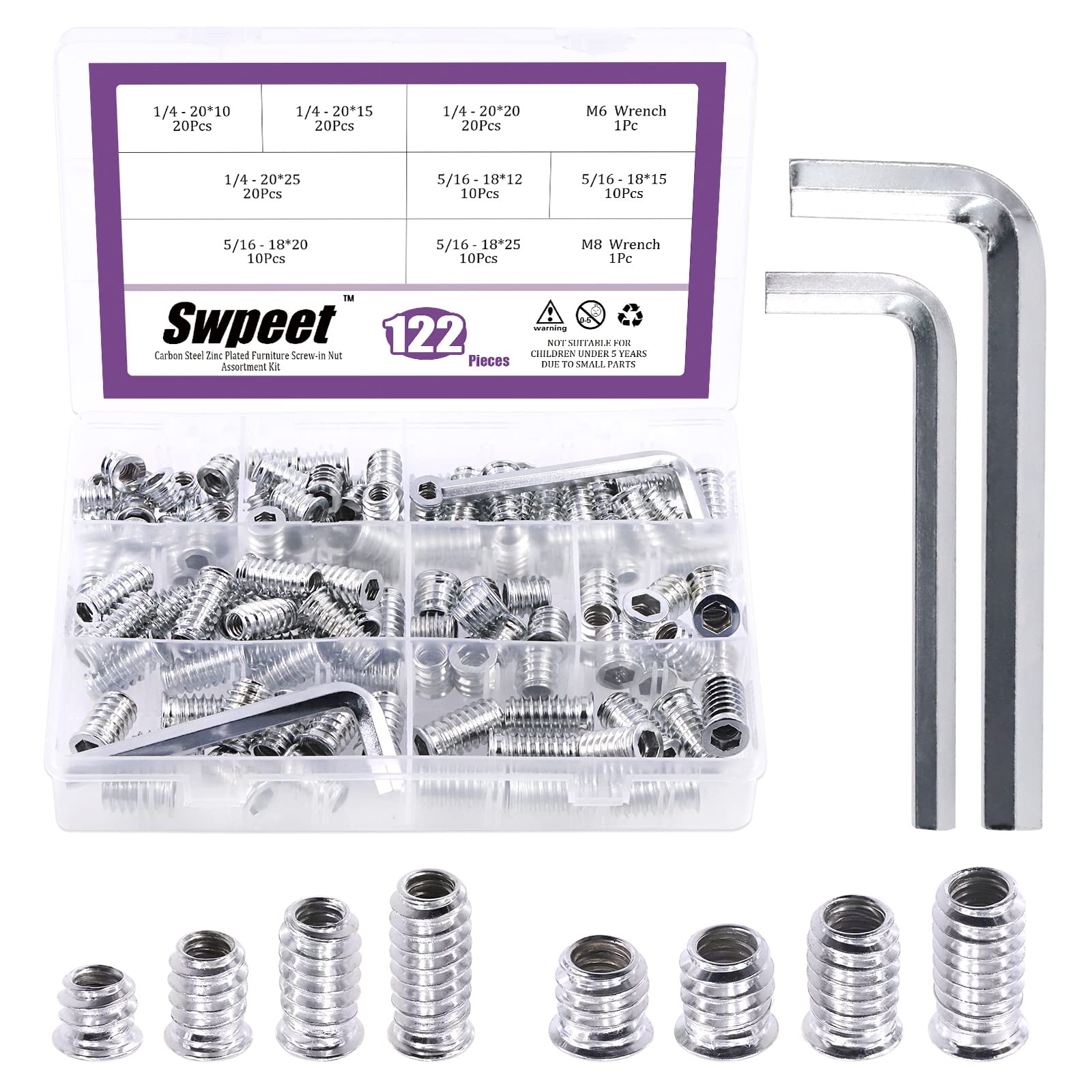Swpeet 122Pcs White Zinc Plated Carbon Steel Carbon Furniture Screw in Nut Threaded Wood Inserts Threaded Inserts Bolt Fastener Connector Hex Socket (1/4" + 5/16" Assortment Kit) — image 1