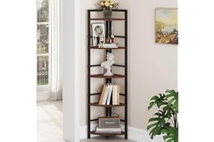 BON AUGURE 5 Tier Corner Bookshelf, Industrial Corner Shelf Stand, Narrow Tall Wood Bookcase, Display Wooden Shelving Unit Shelf for Living Room, Kitchen, Home Office (Rustic Oak)