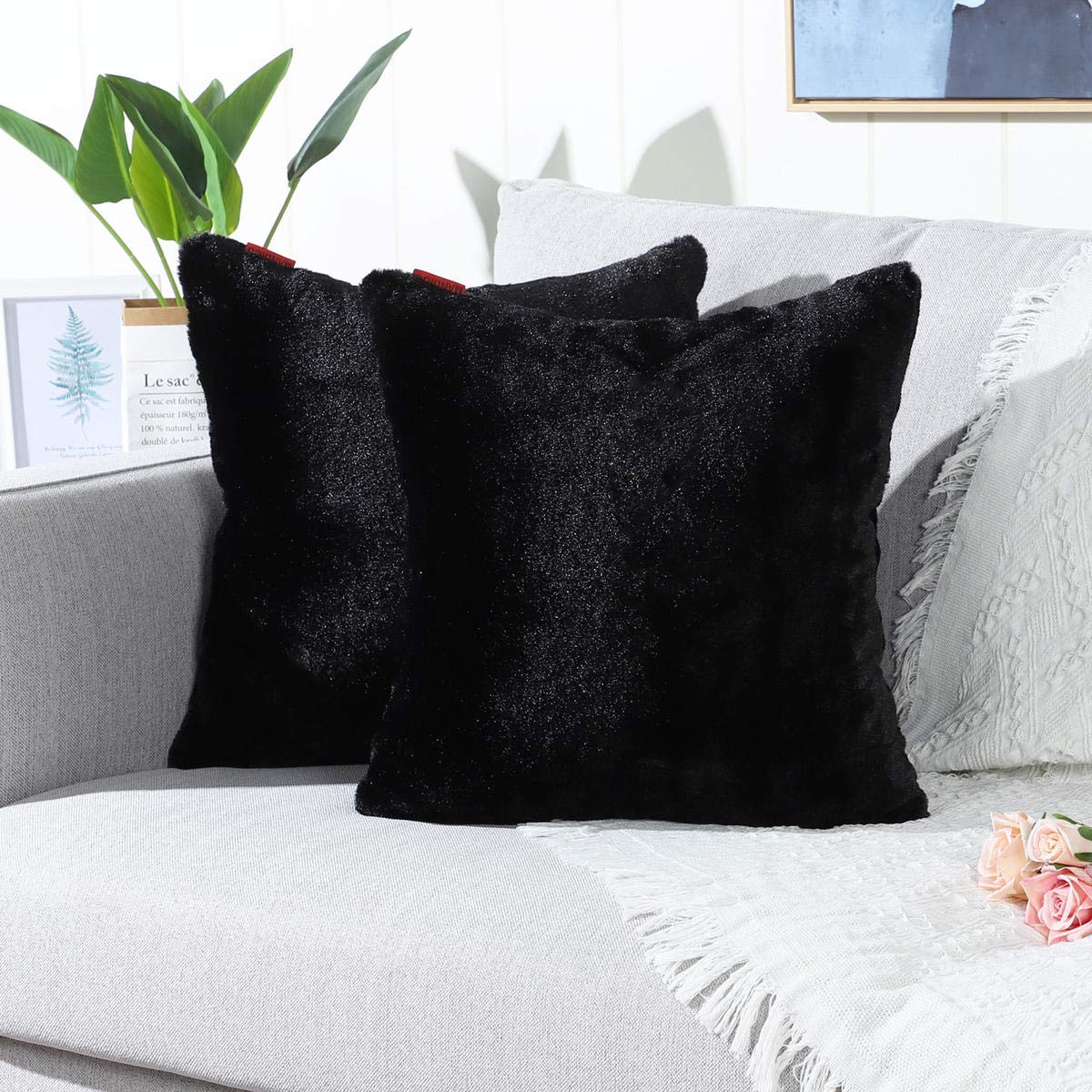 Mandioo Black Faux Fur Cushion Covers 22x22 Inches Cushion Cases Fuzzy Cozy Soft Decorative Throw Pillowcases for Sofa Bedroom Car 55cmx55cm,Pack of 2 โ image 1