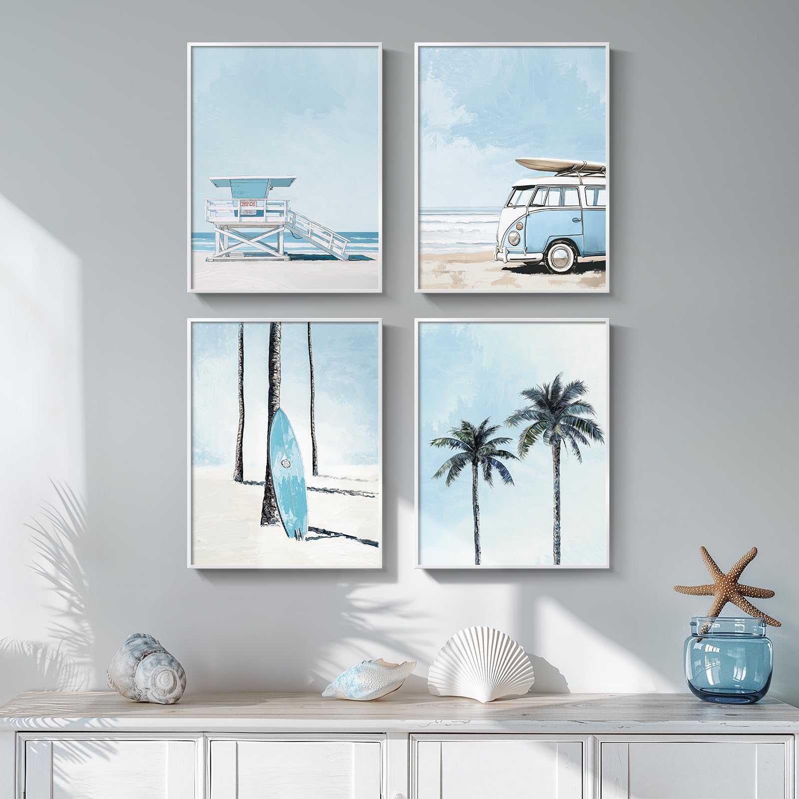 Photo 1 of Framed Blue Coastal Beach Wall Art for Room Decor, 4 Piece Beach Ocean Bathroom Canvas Pictures Prints, Palm Tree Surfboard Coastal Summer Artwork for Living Room Bedroom Office Walls Decor, 11x14 In