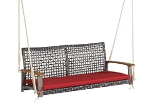 RELAX4LIFE 2-Seater Outdoor Porch Swing - PE Wicker Porch Loveseat Swing with 118” Hanging Ropes, Comfortable Cushion & Acaci