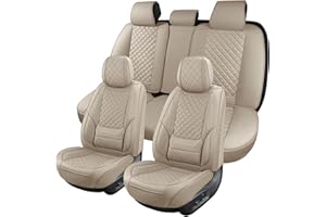 HOOZOOM Leather Car Seat Covers Full Set Waterproof Automotive Seat Covers Breathable Seat Protectors Universal Fit for Most Cars SUV Trucks Van Vehicle (Beige, Full Set)