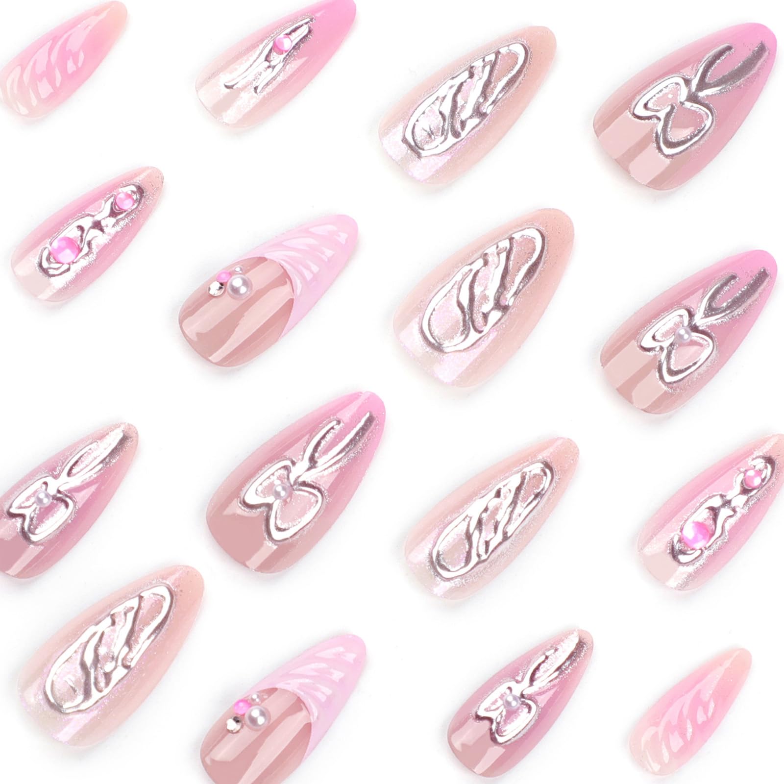 LPOODDNU Handmade Press on Almond Shape Fake Nails - 3D Pink Glue on Nails with Bow-knot Charm Pearl Designs - Glossy Pink False Nails - Cute Stick on Nails - Medium Length for Women, 24Pcs - Image 3