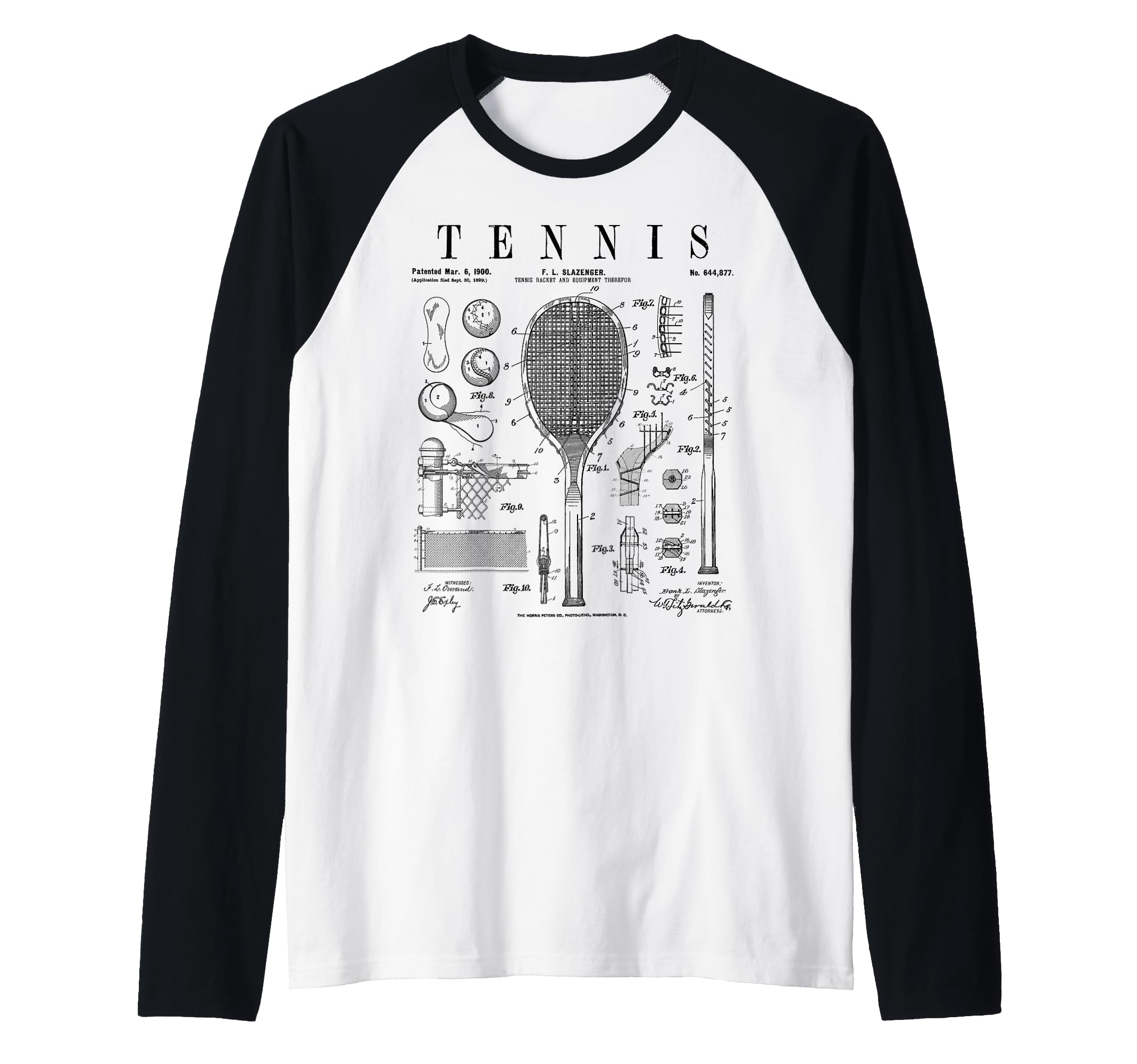 Tennis Racket And Ball Old Vintage Patent Drawing Print Raglan Baseball Tee