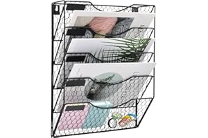 COSYAWN 5 Tier Wall File Holder Hanging Mail Organizer Metal Chicken Wire Wall Mount Magazine Rack with Label Panel, Black