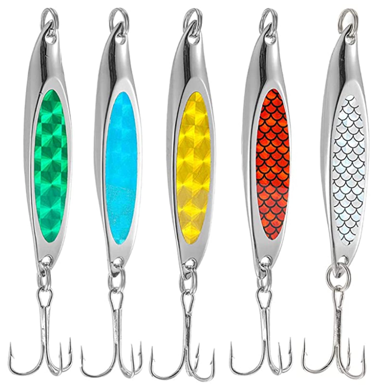 WUWYOUWL Metal Fishing Lure Set, 5PCS Sequins Spoons with Hard Bait for Saltwater & Freshwater Trout, Bass, Salmon (21g*7cm)