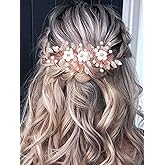 Unicra Silver Flower Bride Wedding Hair Vine Leaf Bridal Hair Piece Rhinestone Hair Accessories Beaded Headpieces Jewelry for Women and Girls (Rose Gold)