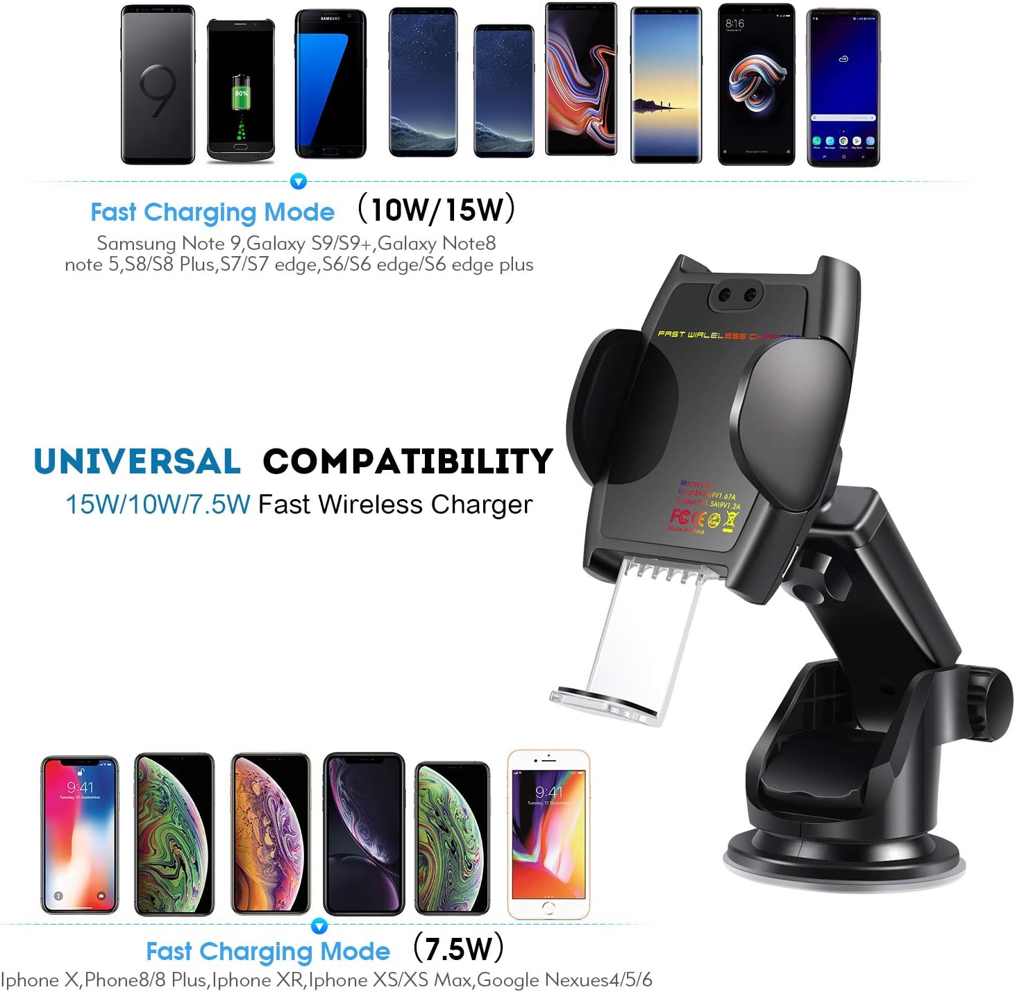 Wireless Car Charger,15W/10W Automatic Clamping Car Phone Mount Holder