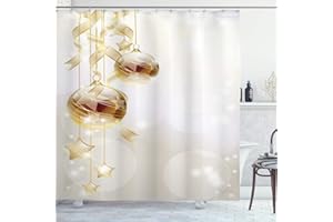 Ambesonne Christmas Shower Curtain, Xmas Balls with Swirled Ribbons and Stars on Modern Abstract Background, Cloth Fabric Bathroom Decor Set with Hooks, 69" W x 70" L, White Yellow