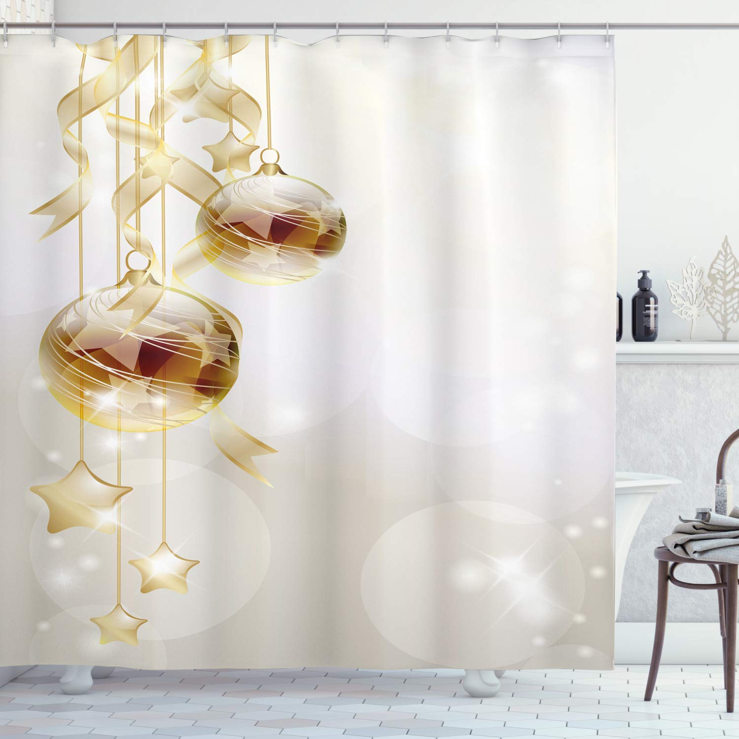 ABAKUHAUS Christmas Shower Curtain, Xmas Balls with Swirled Ribbons and Stars on Modern Abstract Background, Cloth Fabric Bathroom Decor Set with Hooks, 86 Inches Extra Long, Brown Yellow White โ image 1