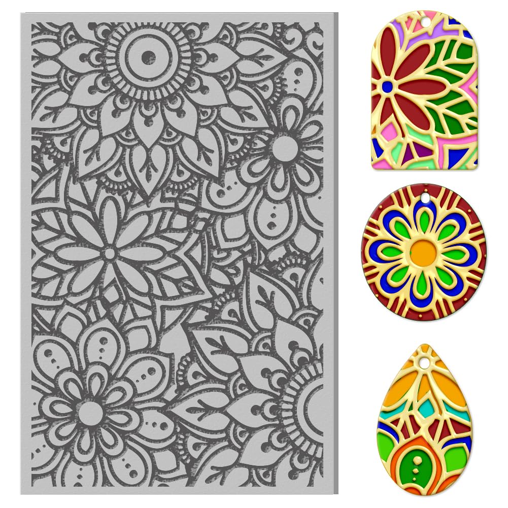 CHGCRAFT Mandala Lotus Polymer Clay Texture Sheets - Rubber Clay Texture Mats Tool for DIY Jewelry Making and Printing Patterns