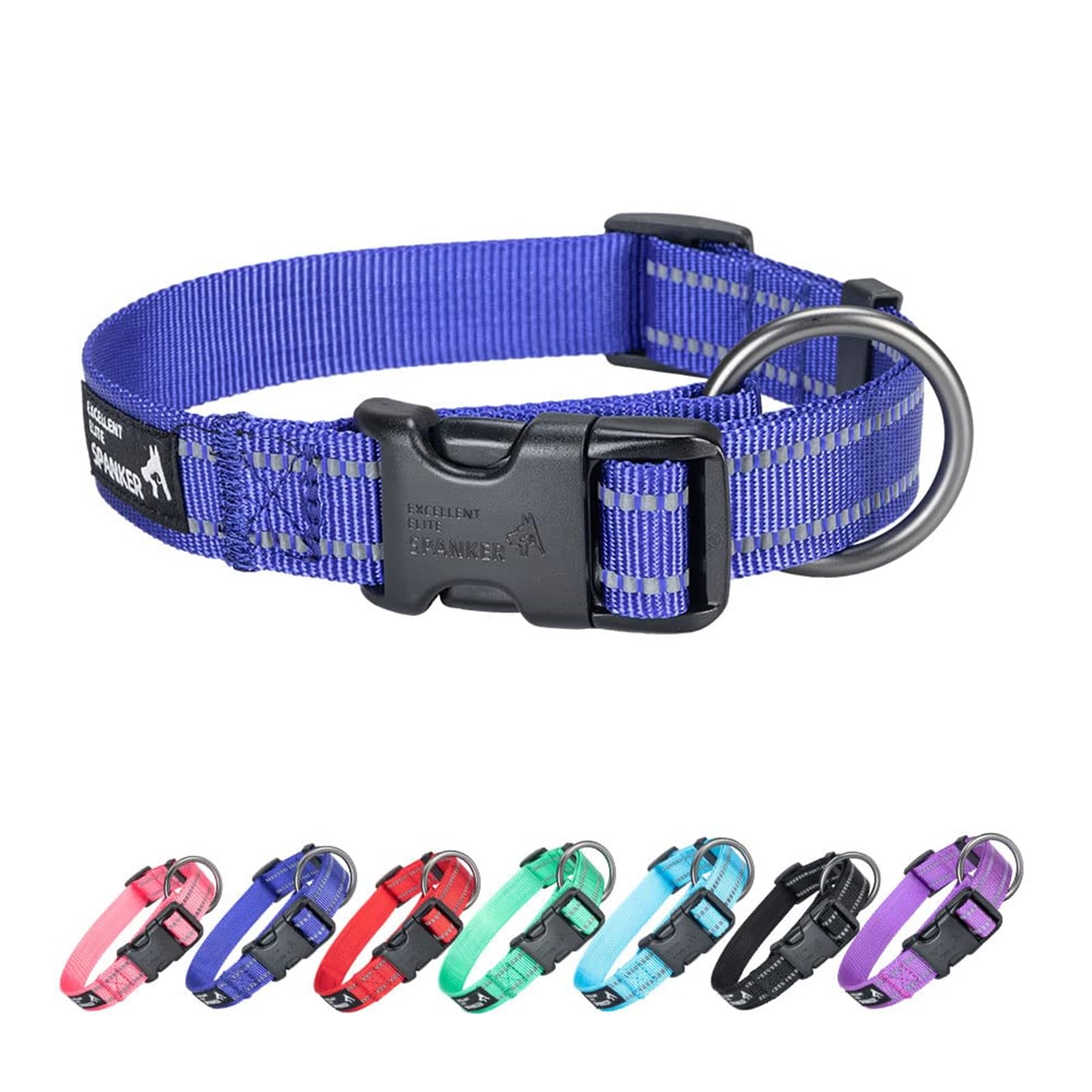 EXCELLENT ELITE SPANKER Reflective Dog Collar Classic Breathable Nylon Adjustable Pet Collar with Quick Release Buckle for Boy Girl Male Female Puppies Small Medium Large Dogs Training(BLU-XL)