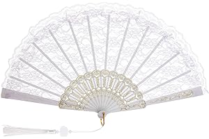 Jmkcoz Lace Handheld Folding Fan Embroidered Flower Bridal Hand Fan Chinese Japanese Vintage Fan for 1920s Costume Wedding Dancing Tea Party (1, White)